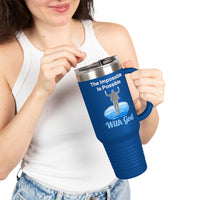 40oz inspirational travel mug with “Impossible Man” design message
