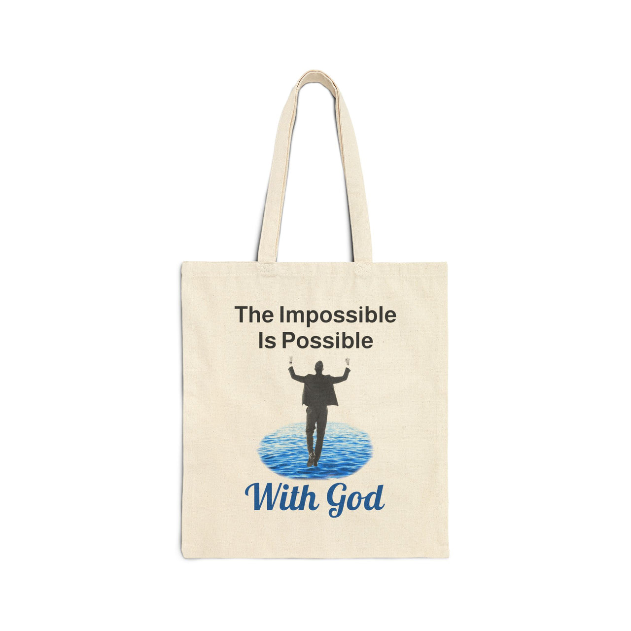 Cotton canvas tote bag with "Impossible Man" design, message “The Impossible Is Possible with God,” printed on both sides, durable spiritual tote bag for men walking in faith, natural tote bag