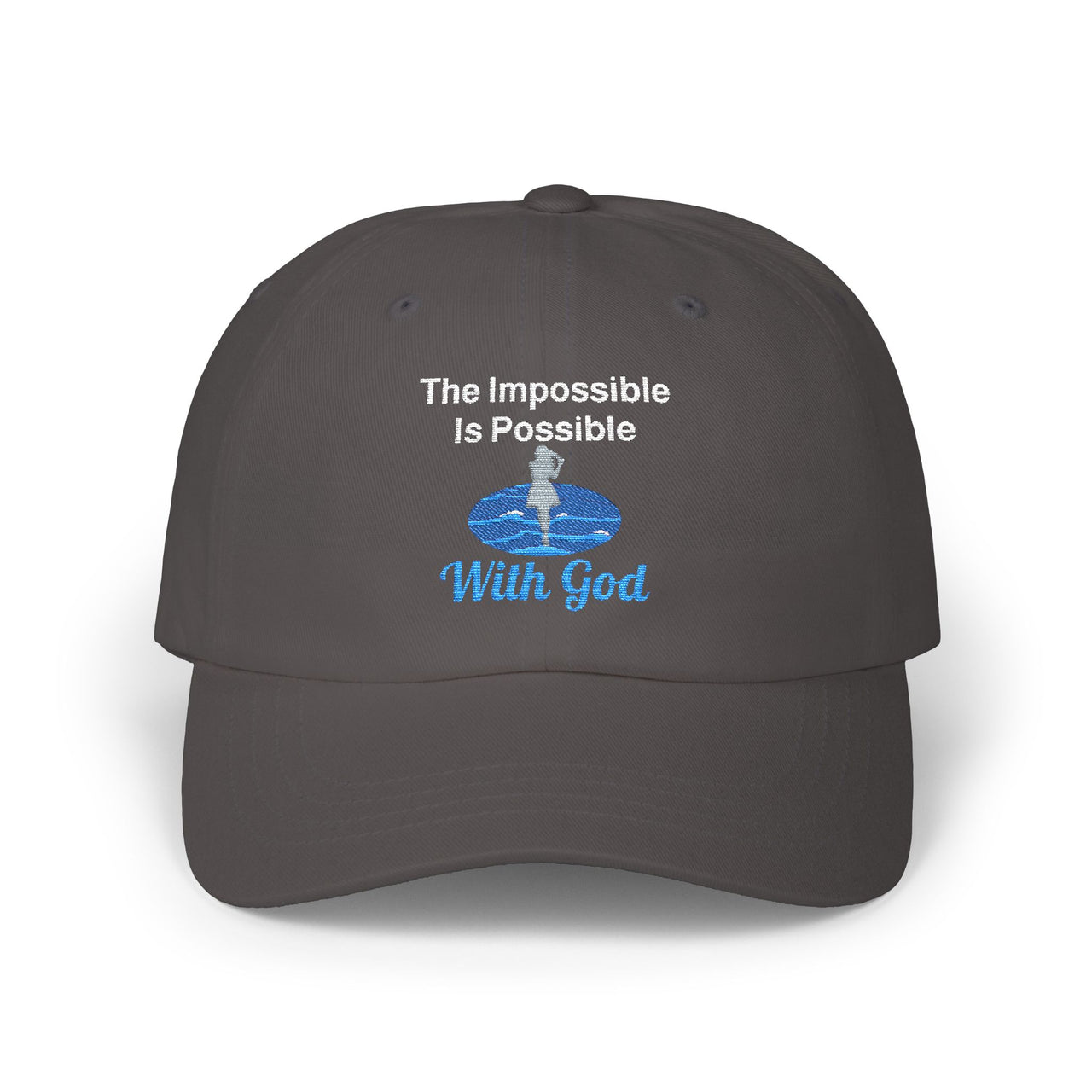 Classic cotton baseball cap with "Impossible Woman" design, message “The Impossible Is Possible with God,” adjustable fit, spiritual hat for women of purpose, dark gray cap