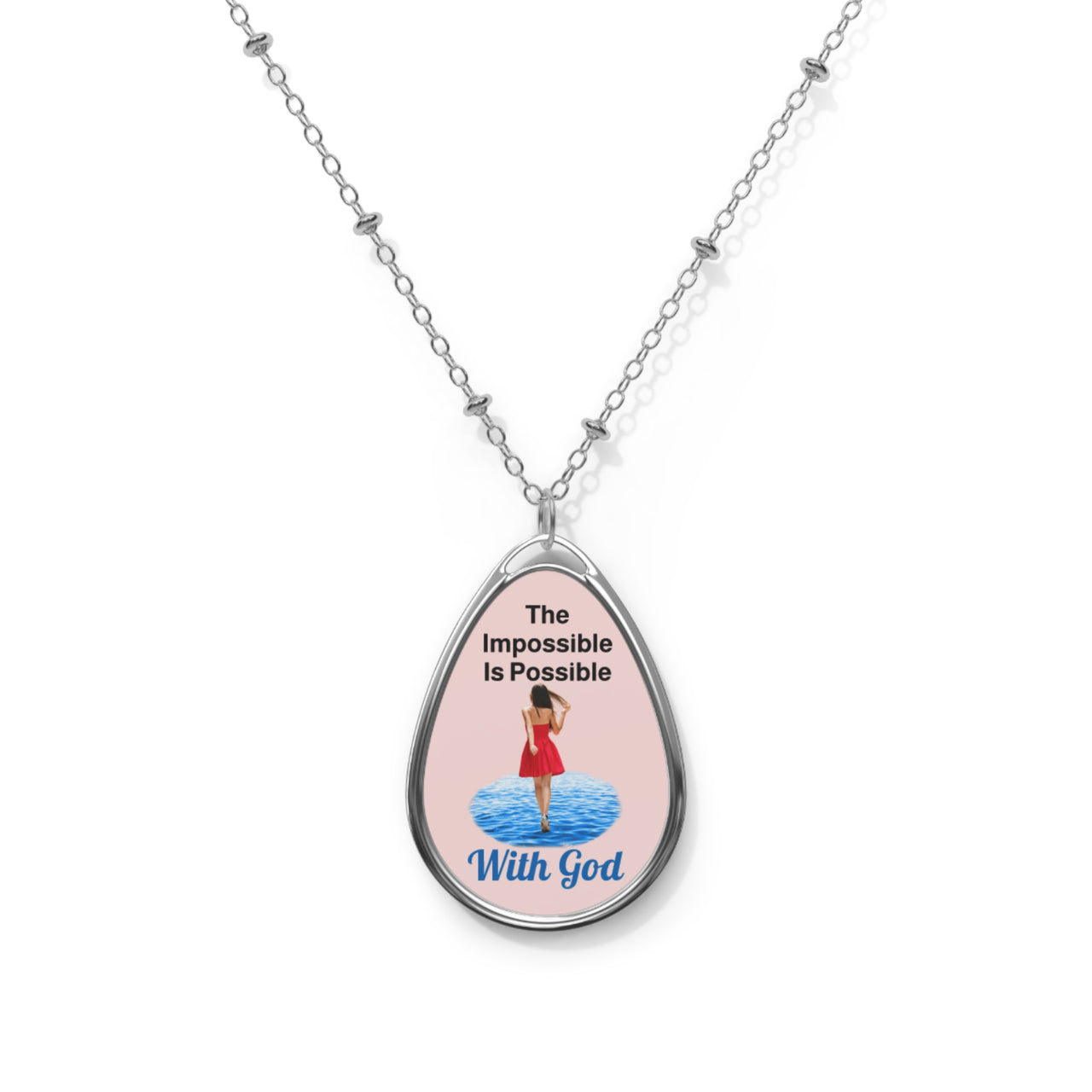 Inspirational oval pendant necklace with "Impossible Woman" design, message “The Impossible Is Possible with God,” zinc alloy and white aluminum, spiritual jewelry for women of purpose, pink pendant