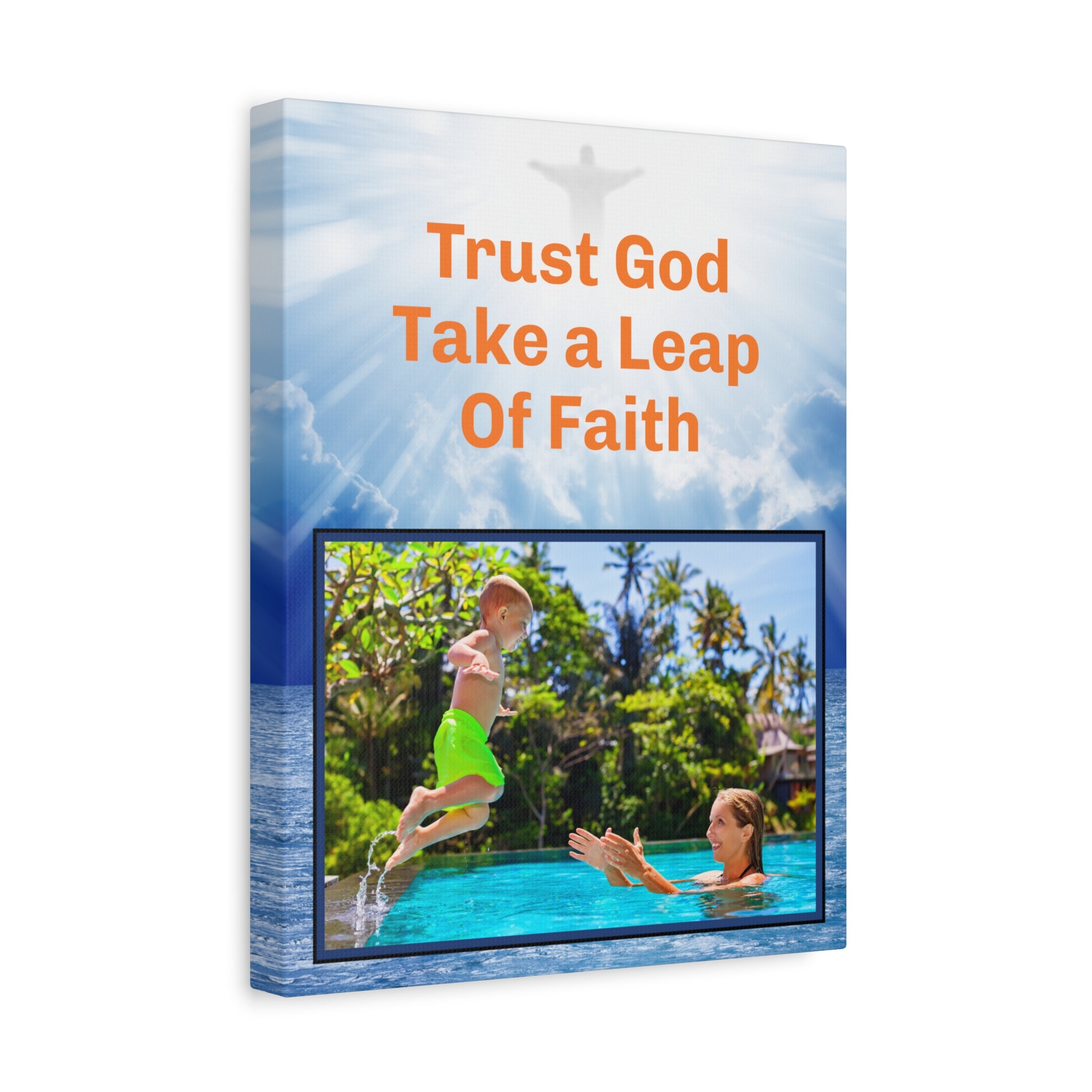 Canvas wall art with “Leap of Faith” design child jumping into pool with the message "Trust God, Take a Leap of Faith," pinewood frame, inspirational décor, ready to hang, 11x14 wall art