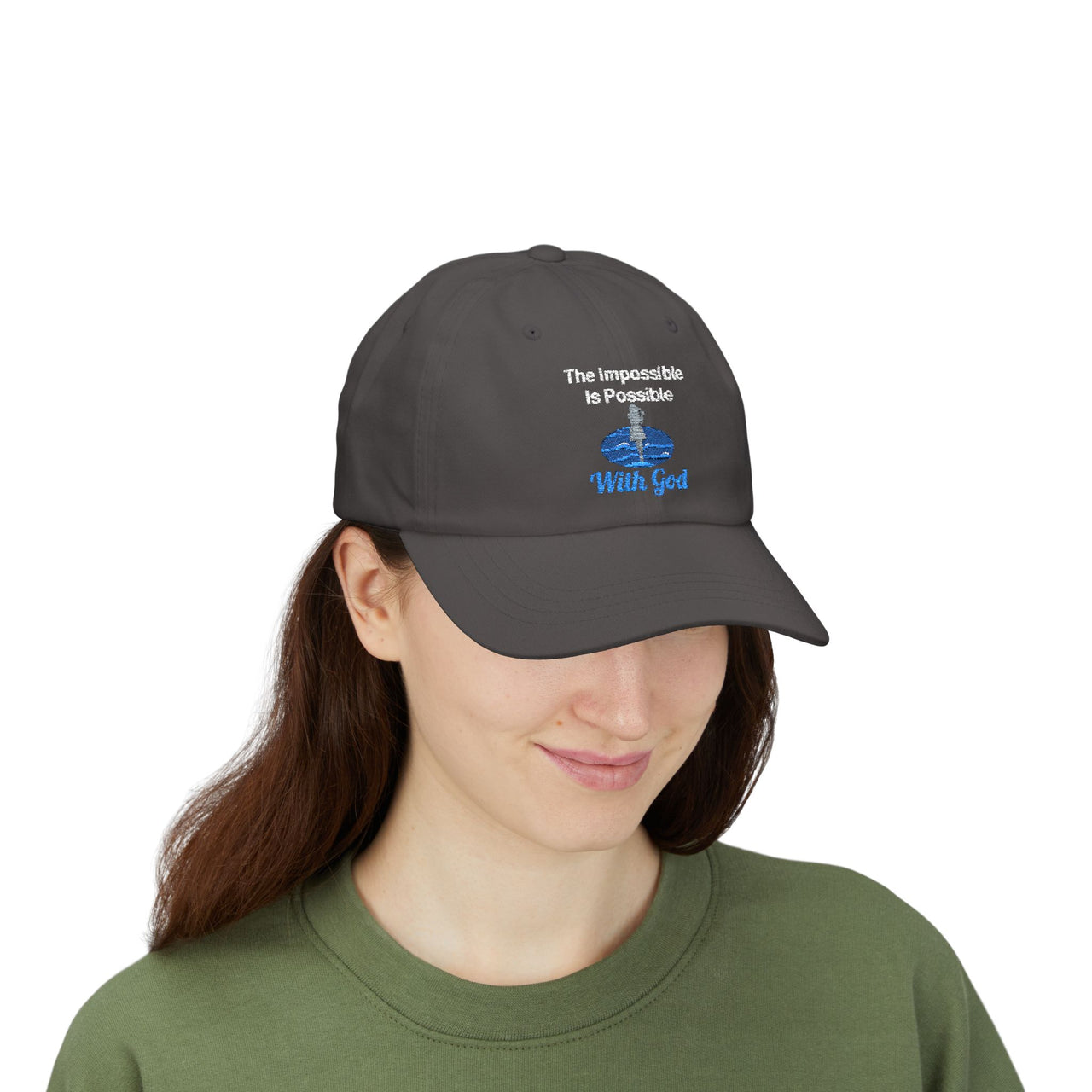 Classic cotton baseball cap with "Impossible Woman" design, message “The Impossible Is Possible with God,” adjustable fit, spiritual hat for women of purpose, woman wearing dark gray cap
