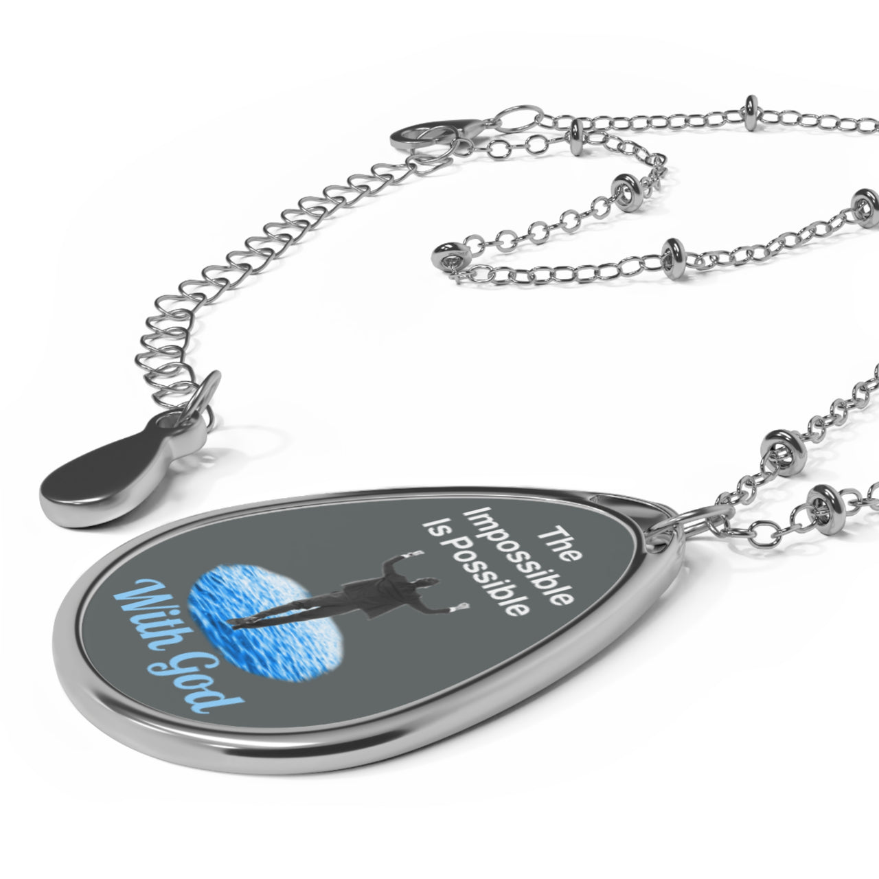 Inspirational oval pendant necklace with "Impossible Man" design, message “The Impossible Is Possible with God,” zinc alloy and white aluminum, spiritual jewelry for men walking in faith, gray pendant with necklace