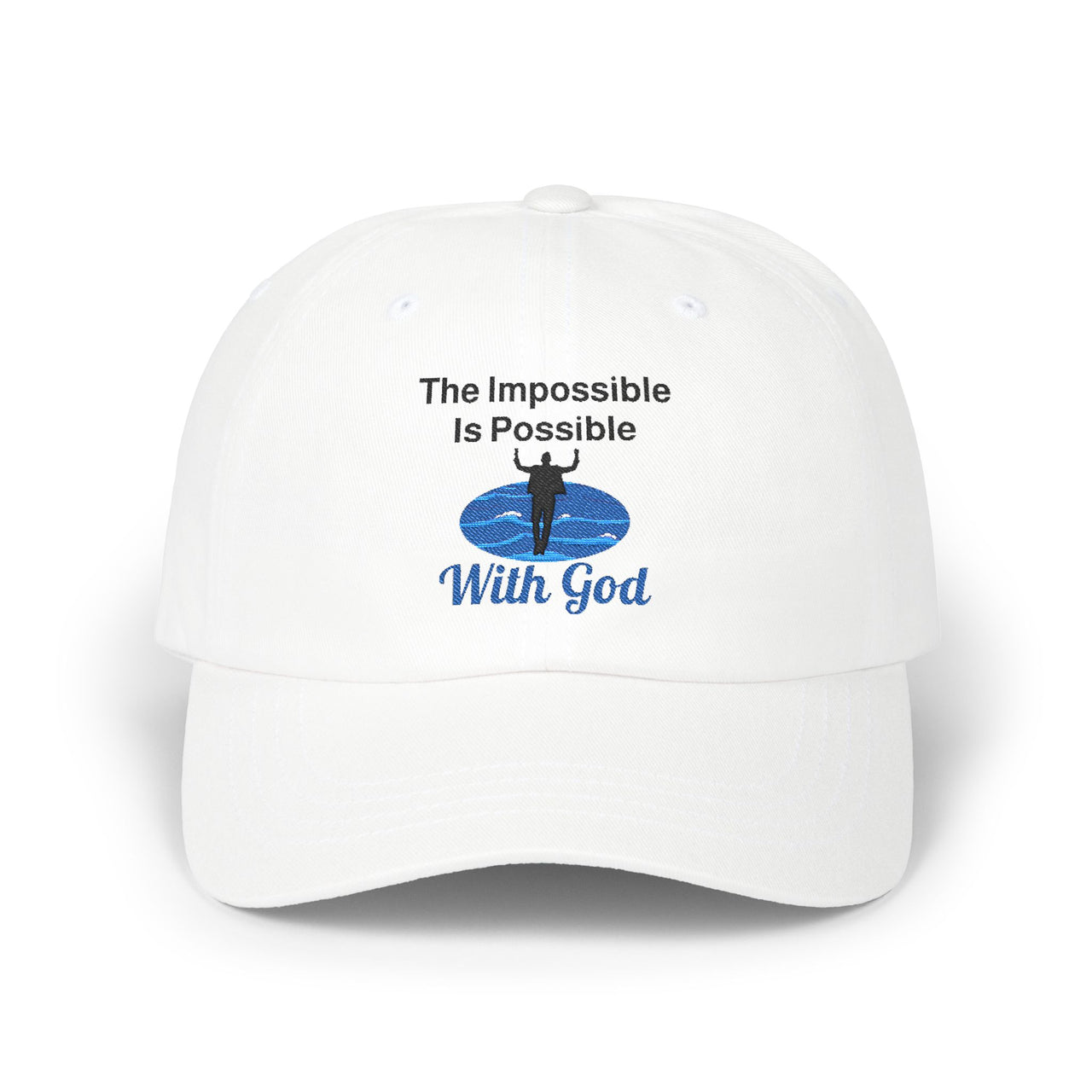 Classic cotton baseball cap with "Impossible Man" design, message “The Impossible Is Possible With God,” adjustable fit, spiritual hat for men walking in faith, white cap