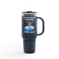 40oz inspirational travel mug with “Impossible Man” design message