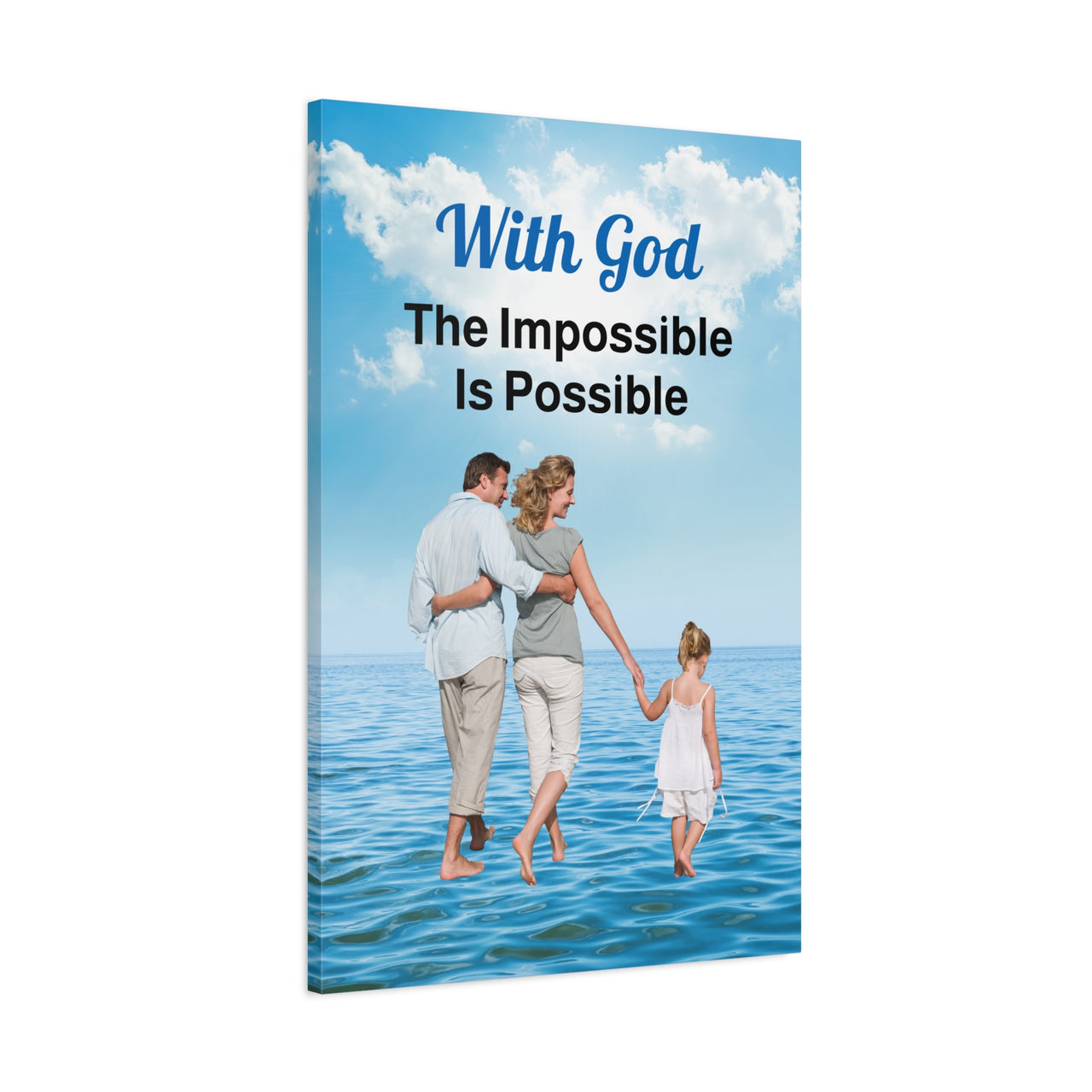 Canvas wall art with “Impossible Family” design, family walking on water with the message "With God, The Impossible Is Possible," pinewood frame, inspirational home décor, ready to hang, 24x36 wall art