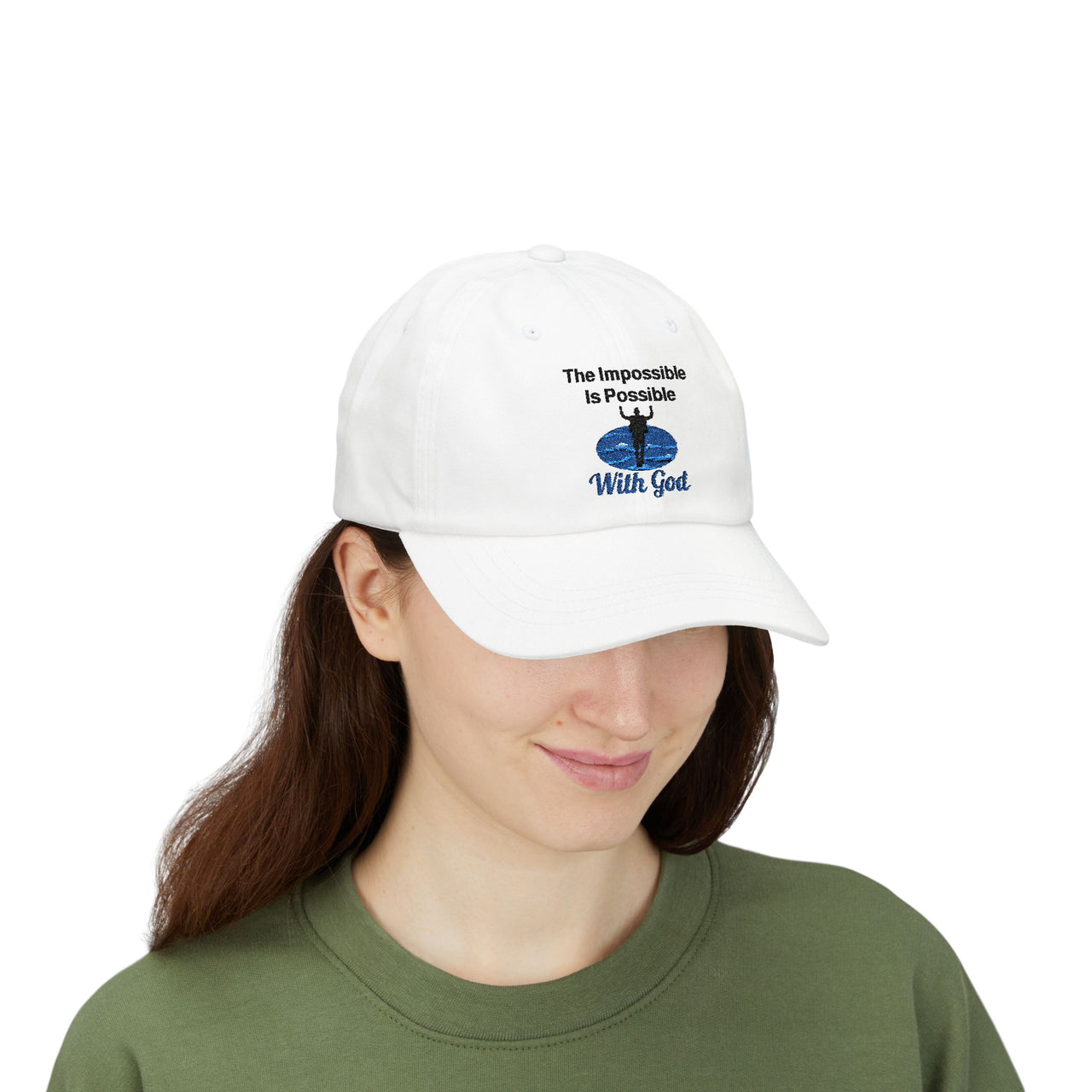 Classic cotton baseball cap with "Impossible Man" design, message “The Impossible Is Possible With God,” adjustable fit, spiritual hat for men walking in faith, woman wearing white cap