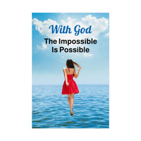 Faith-inspired poster with “Impossible Woman” design, a woman walking on water with the message: