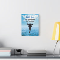 Canvas wall art with “Impossible Man” design, man walking on water with the message