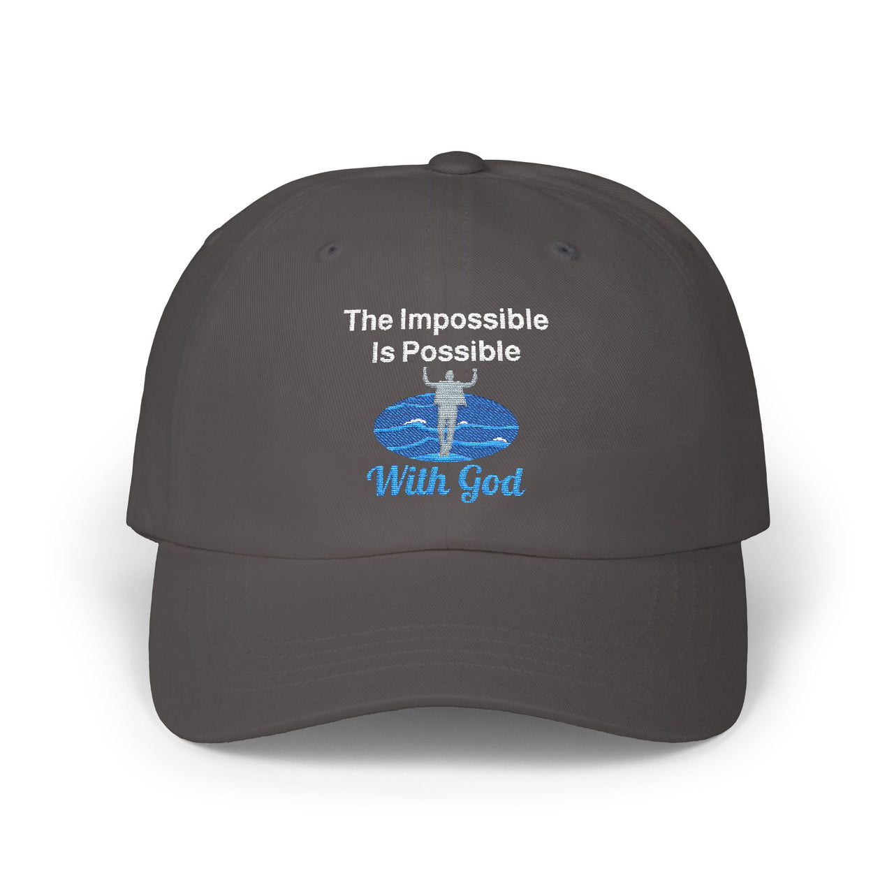 Classic cotton baseball cap with "Impossible Man" design, message “The Impossible Is Possible With God,” adjustable fit, spiritual hat for men walking in faith, gray cap