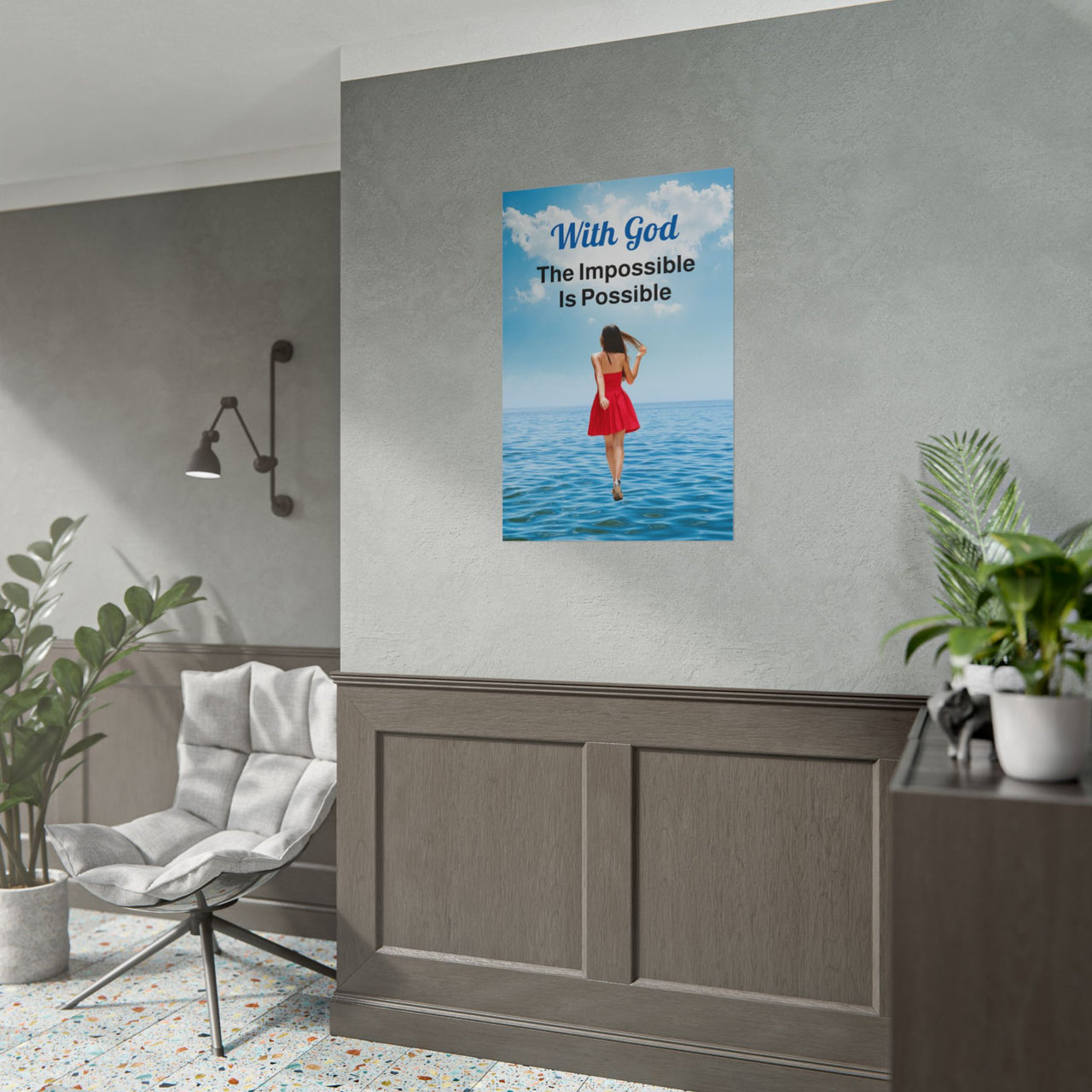 Faith-inspired poster with “Impossible Woman” design, a woman walking on water with the message: "With God, The Impossible Is Possible," semi-gloss finish, vibrant Giclée print, available in 3 sizes, inspirational wall art for home or office, concept2 24x36 poster on wall