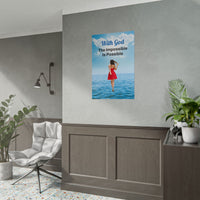 Faith-inspired poster with “Impossible Woman” design, a woman walking on water with the message: