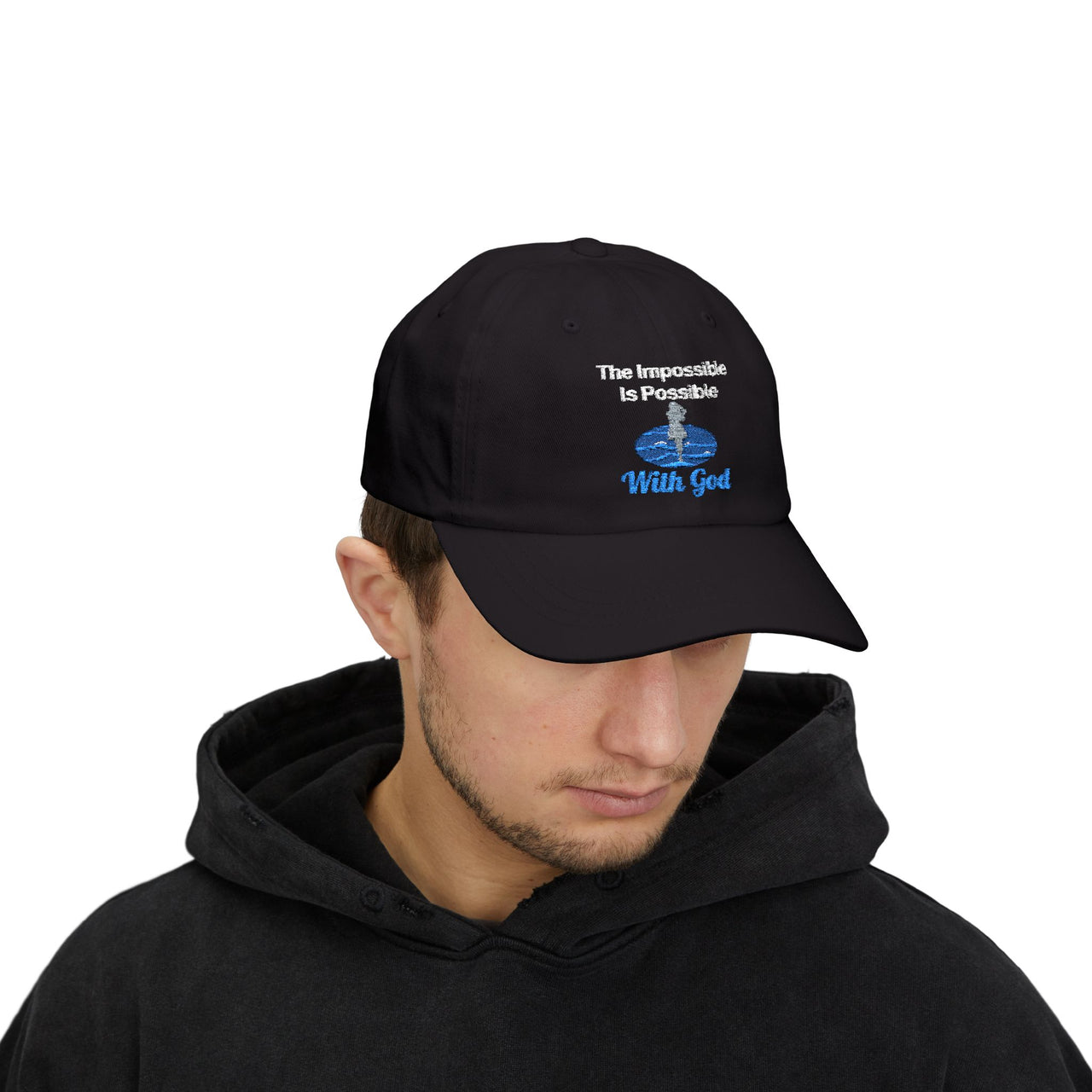 Classic cotton baseball cap with "Impossible Woman" design, message “The Impossible Is Possible with God,” adjustable fit, spiritual hat for women of purpose, man wearing black cap