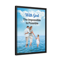 Framed canvas wall art with “Impossible Family” design, family walking on water with message