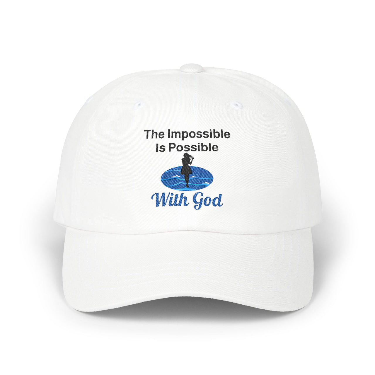 Classic cotton baseball cap with "Impossible Woman" design, message “The Impossible Is Possible with God,” adjustable fit, spiritual hat for women of purpose, white cap