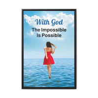 Framed canvas wall art with “Impossible Woman” design, woman walking on water with message
