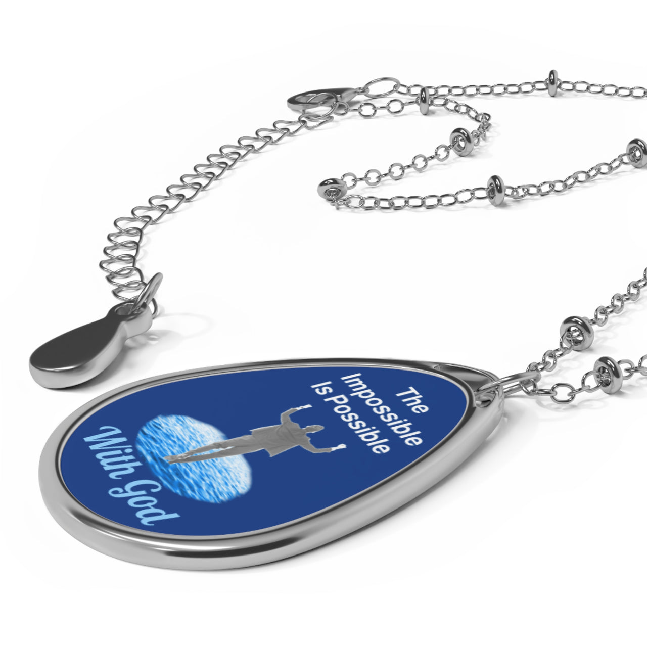 Inspirational oval pendant necklace with "Impossible Man" design, message “The Impossible Is Possible with God,” zinc alloy and white aluminum, spiritual jewelry for men walking in faith, dark blue pendant with necklace