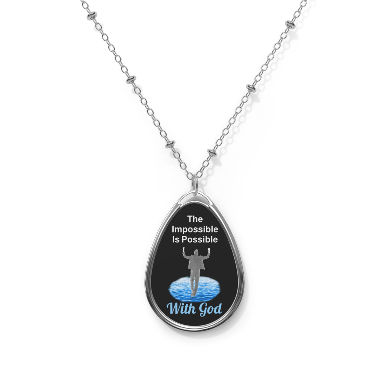 Inspirational oval pendant necklace with "Impossible Man" design, message “The Impossible Is Possible with God,” zinc alloy and white aluminum, spiritual jewelry for men walking in faith, black pendant