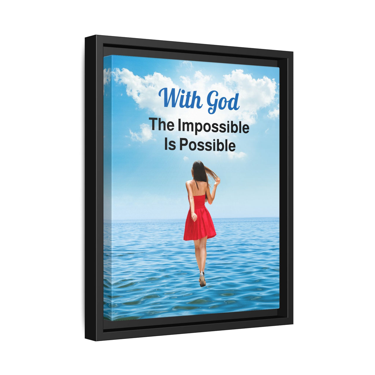 Framed canvas wall art with “Impossible Woman” design, woman walking on water with message "With God, The Impossible Is Possible," spiritual message, black pinewood frame, ready to hang, 11x14 framed wall art