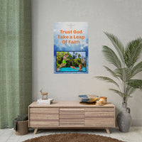 Inspirational poster with “Leap of Faith” design, child jumping into pool with the message