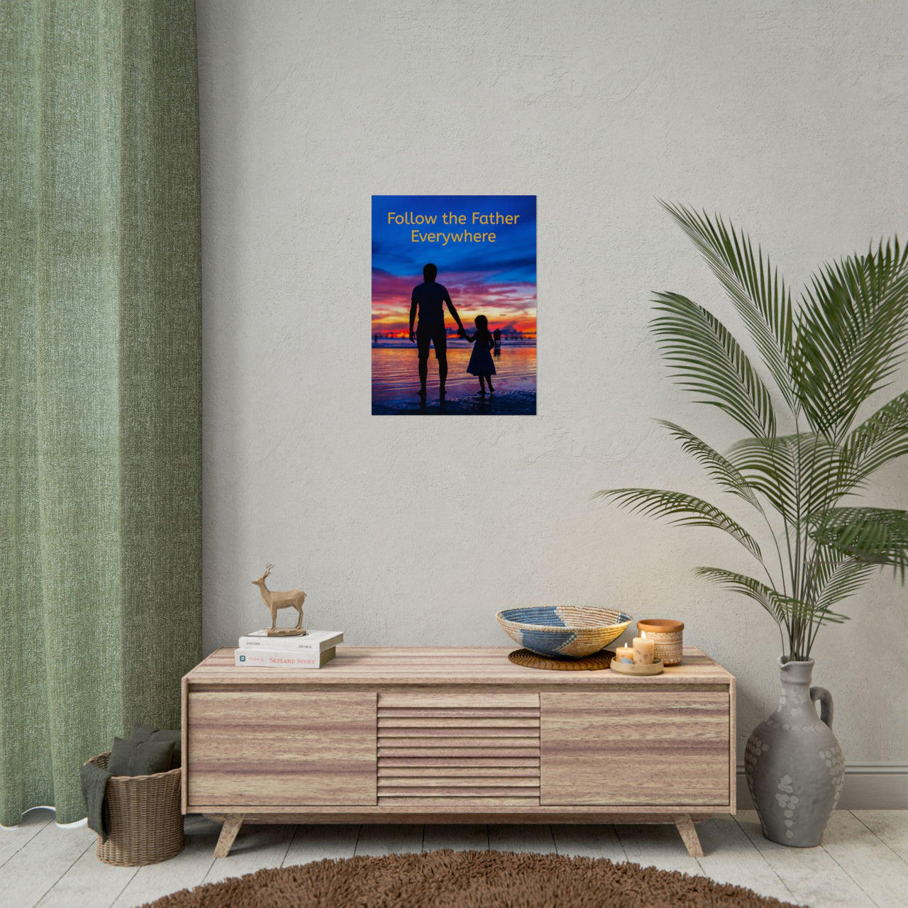 Inspirational poster with “Follow the Father” design, child walking with father, semi-gloss finish, vibrant Giclée print, available in 3 sizes, hope-filled wall art for home or office, 18x24 poster on wall