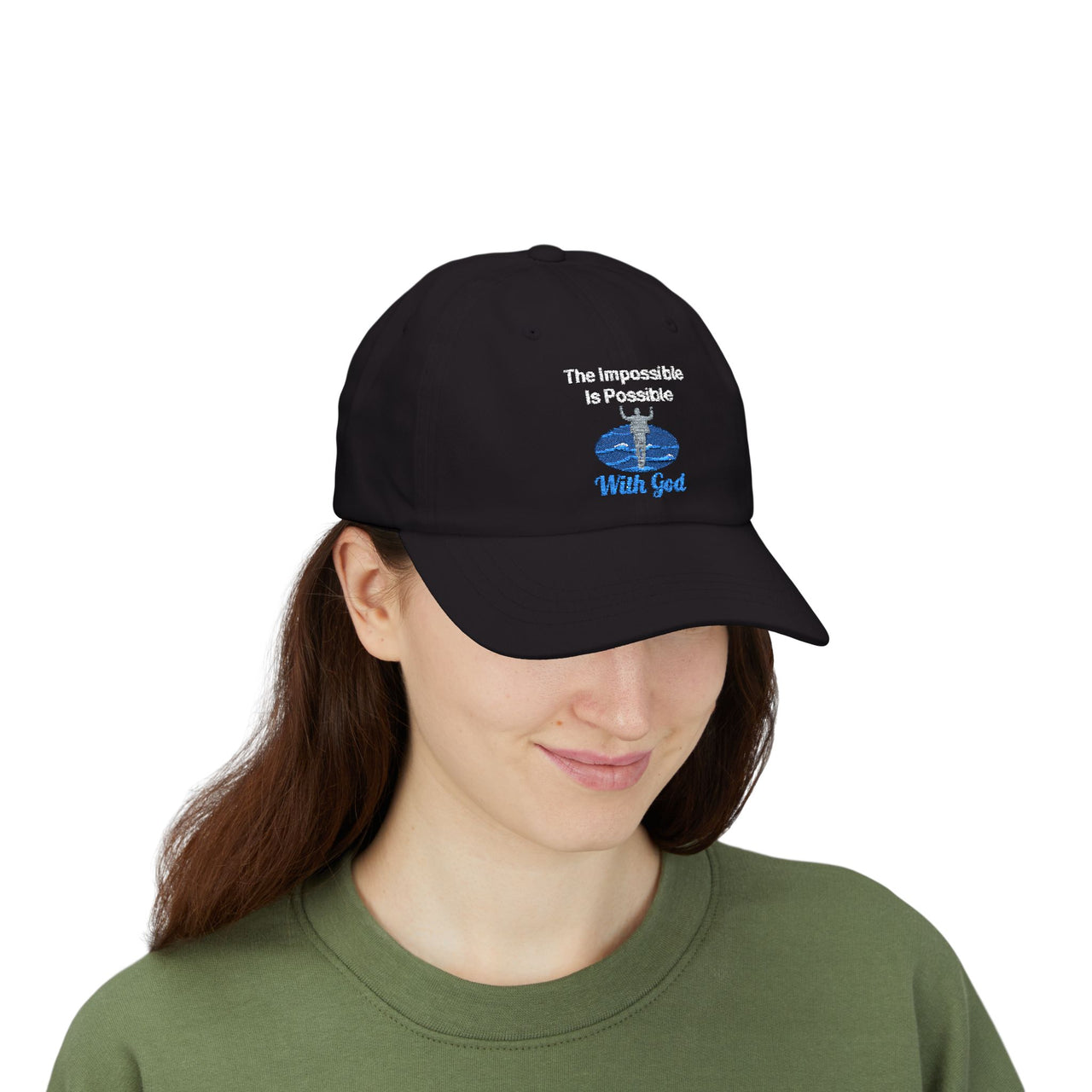 Classic cotton baseball cap with "Impossible Man" design, message “The Impossible Is Possible With God,” adjustable fit, spiritual hat for men walking in faith, woman wearing black cap