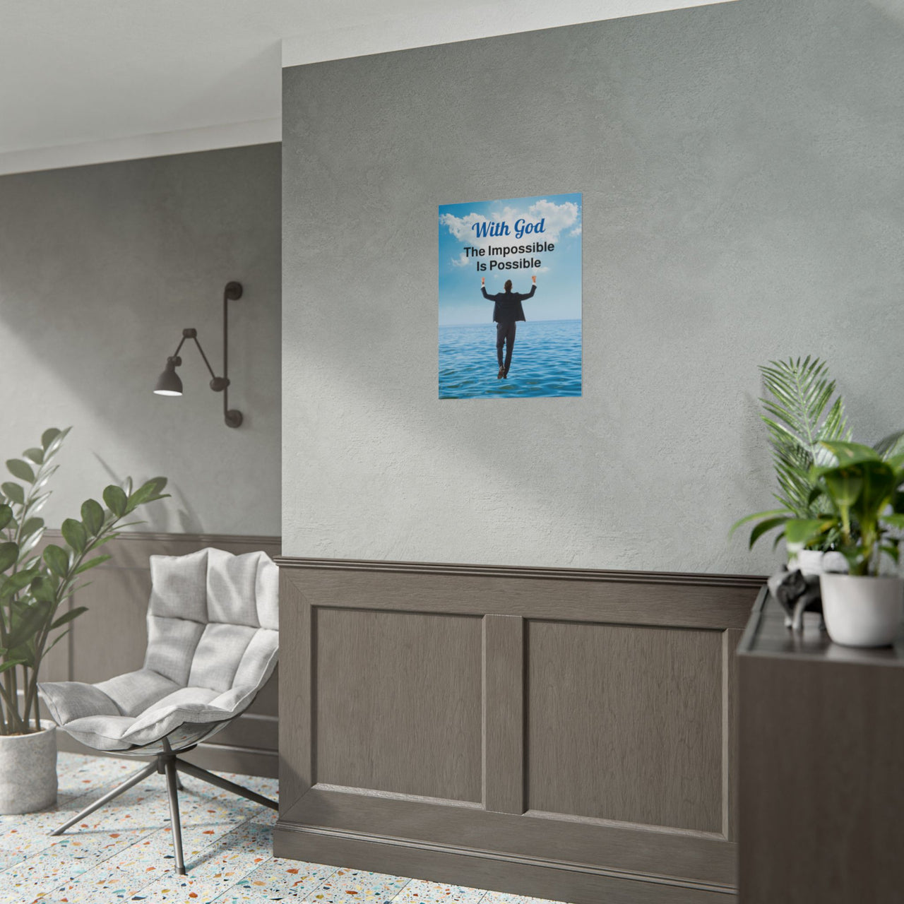 Faith-inspired poster with “Impossible Man” design - man walking on water with the message, "With God, The Impossible Is Possible," semi-gloss finish, vibrant Giclée print, available in 3 sizes, inspirational wall art for home or office, concept2 18x24 poster on wall