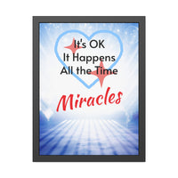 Black wood framed inspirational poster with “Miracles Happen” design with the message