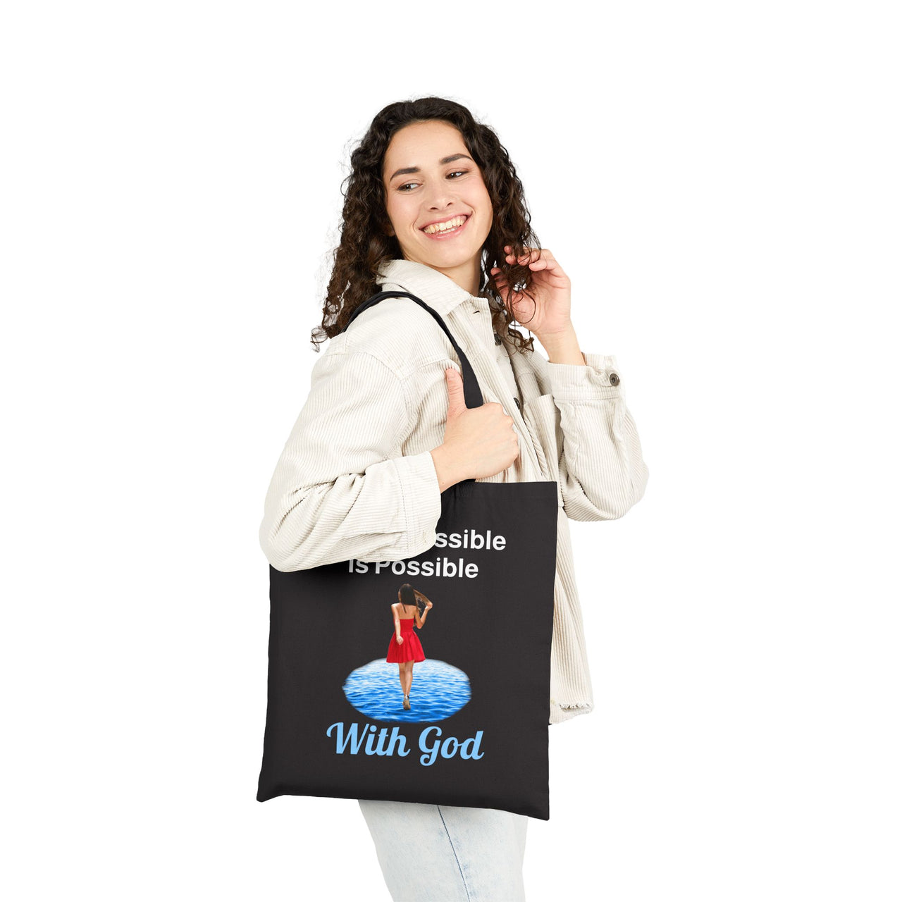 Cotton canvas tote bag with "Impossible Woman" design, message “The Impossible Is Possible with God,” printed on both sides, durable spiritual tote bag for women of purpose, woman carrying black tote bag