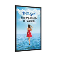 Framed canvas wall art with “Impossible Woman” design, woman walking on water with message