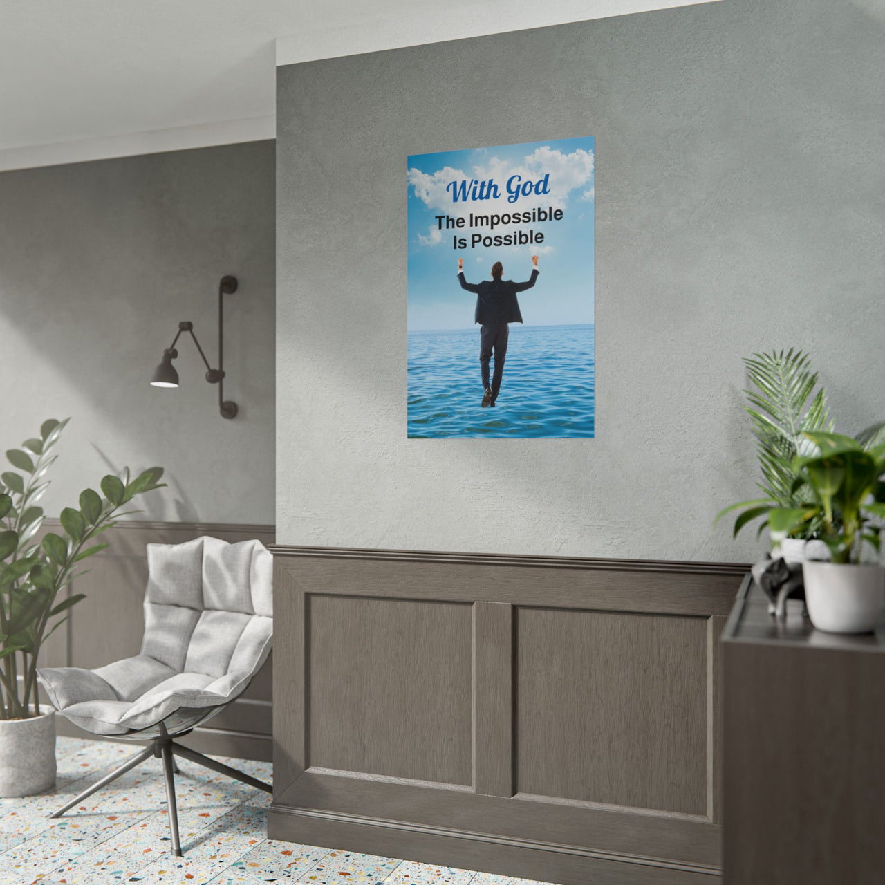Faith-inspired poster with “Impossible Man” design - man walking on water with the message, "With God, The Impossible Is Possible," semi-gloss finish, vibrant Giclée print, available in 3 sizes, inspirational wall art for home or office, concept2 24x36 poster on wall