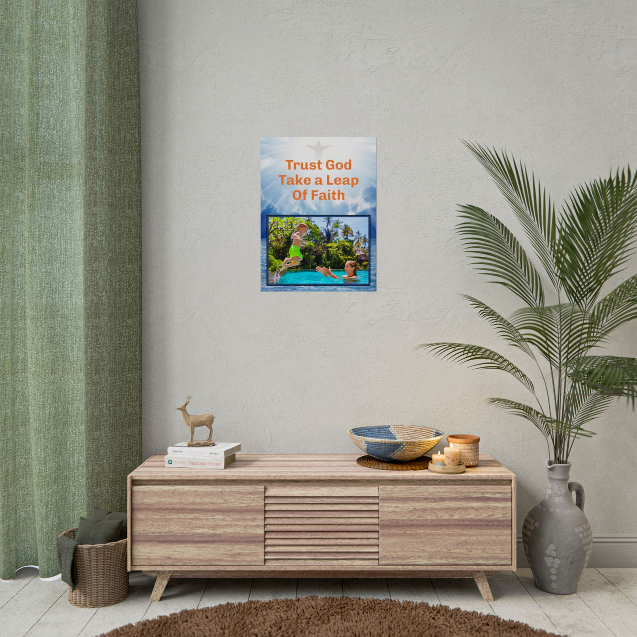 Inspirational poster with “Leap of Faith” design, child jumping into pool with the message "Trust God Take a Leap of Faith," semi-gloss finish, vibrant Giclée print, available in 3 sizes, faith-inspired wall art for home or office, concept 18x24 poster on wall