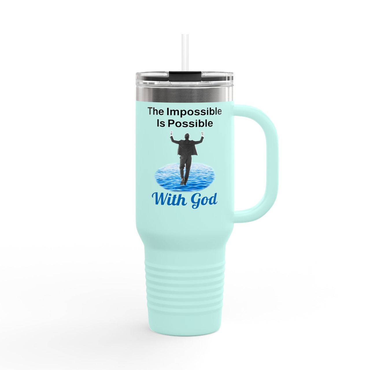 40oz inspirational travel mug with “Impossible Man” design message "The Impossible Is Possible with God," faith-based tumbler for men, stainless steel, leak-proof, double-wall insulated, teal