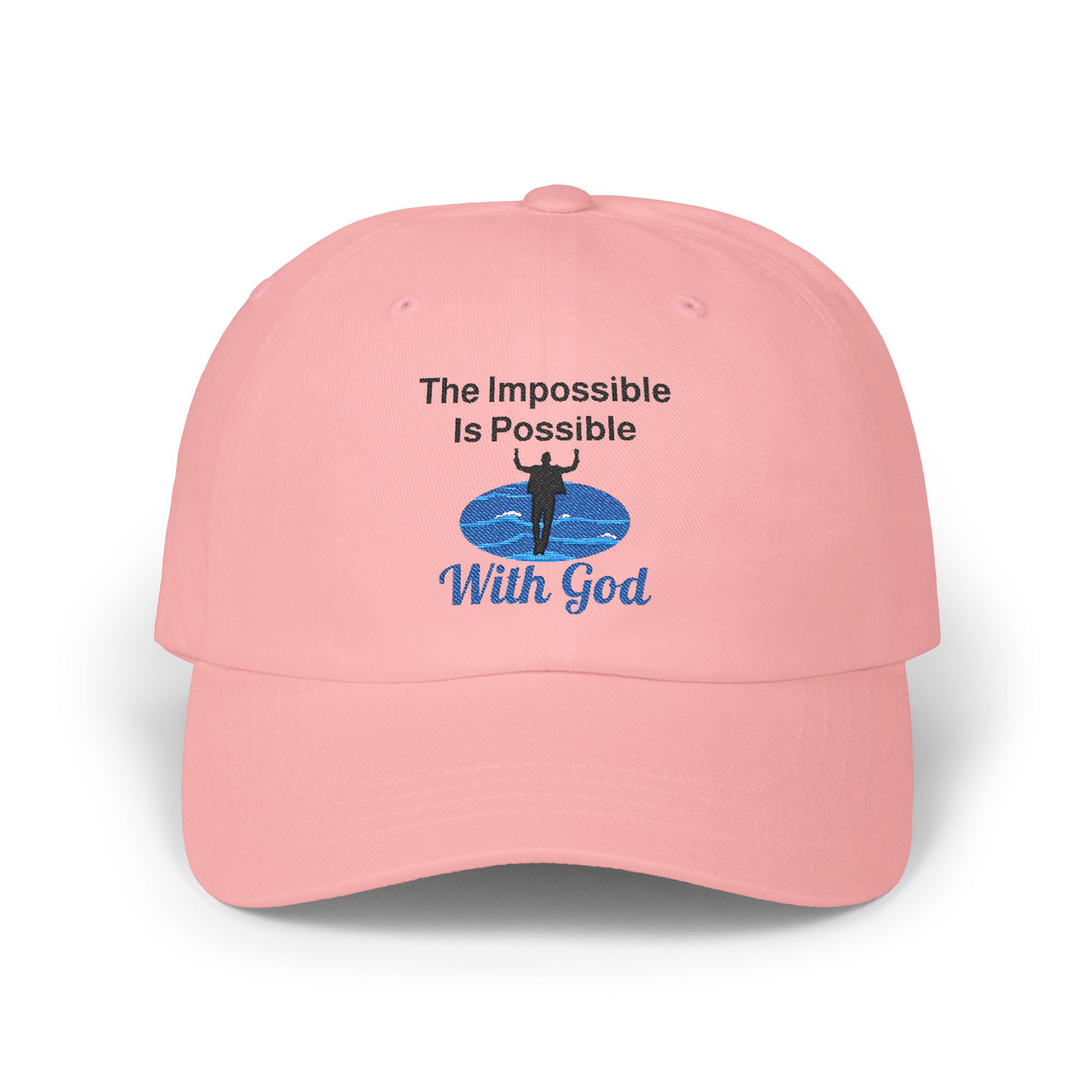 Classic cotton baseball cap with "Impossible Man" design, message “The Impossible Is Possible With God,” adjustable fit, spiritual hat for men walking in faith, pink cap