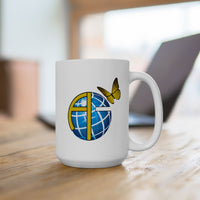Ceramic mug with Anakainoo International logo, ministry support gift, spiritual transformation message, microwave safe, 11oz and 15oz, 15oz mug on table