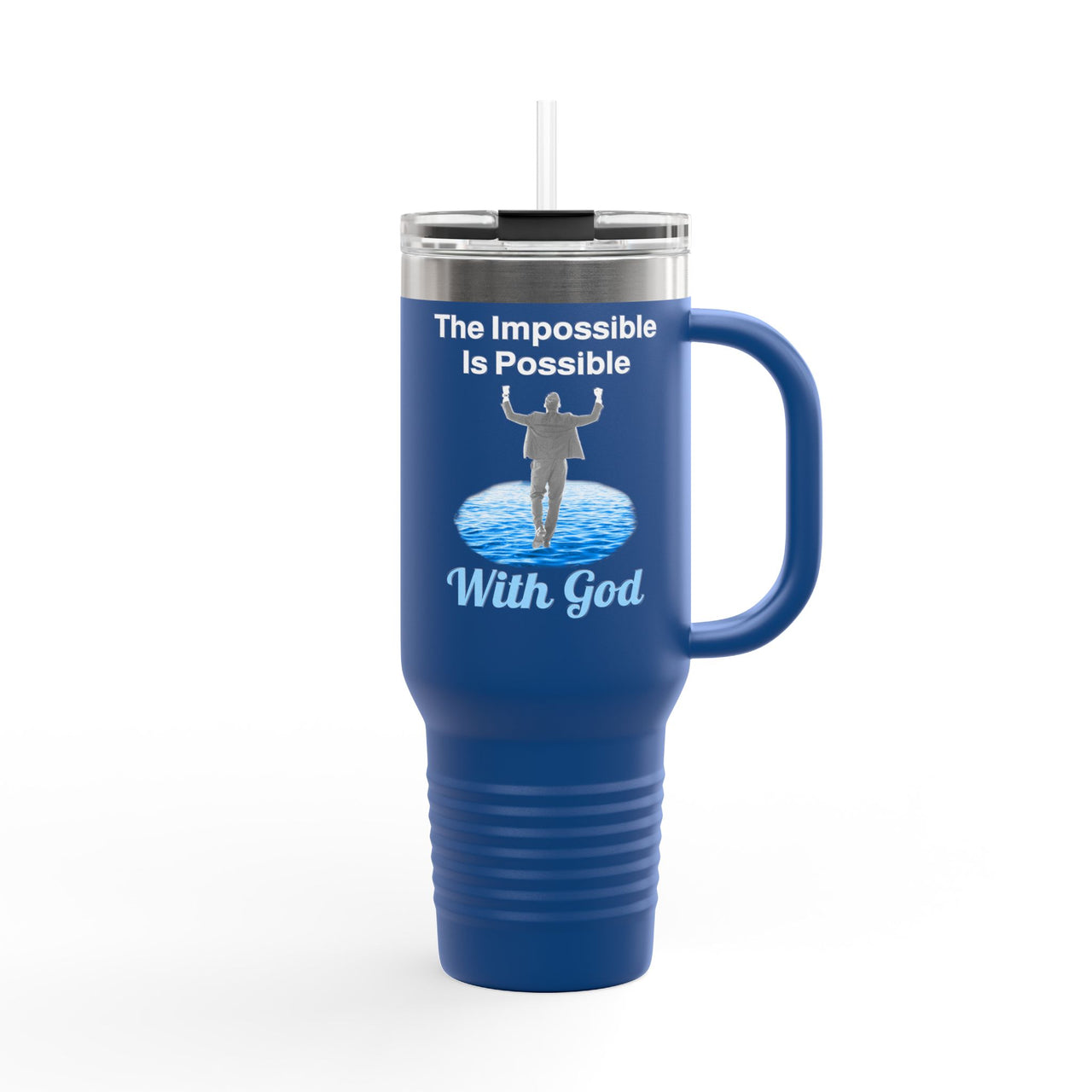 40oz inspirational travel mug with “Impossible Man” design message "The Impossible Is Possible with God," faith-based tumbler for men, stainless steel, leak-proof, double-wall insulated, blue