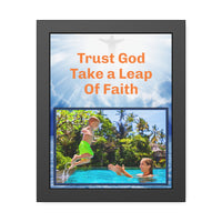Black wood framed inspirational poster with “Leap of Faith” design, child jumping into pool, with the message