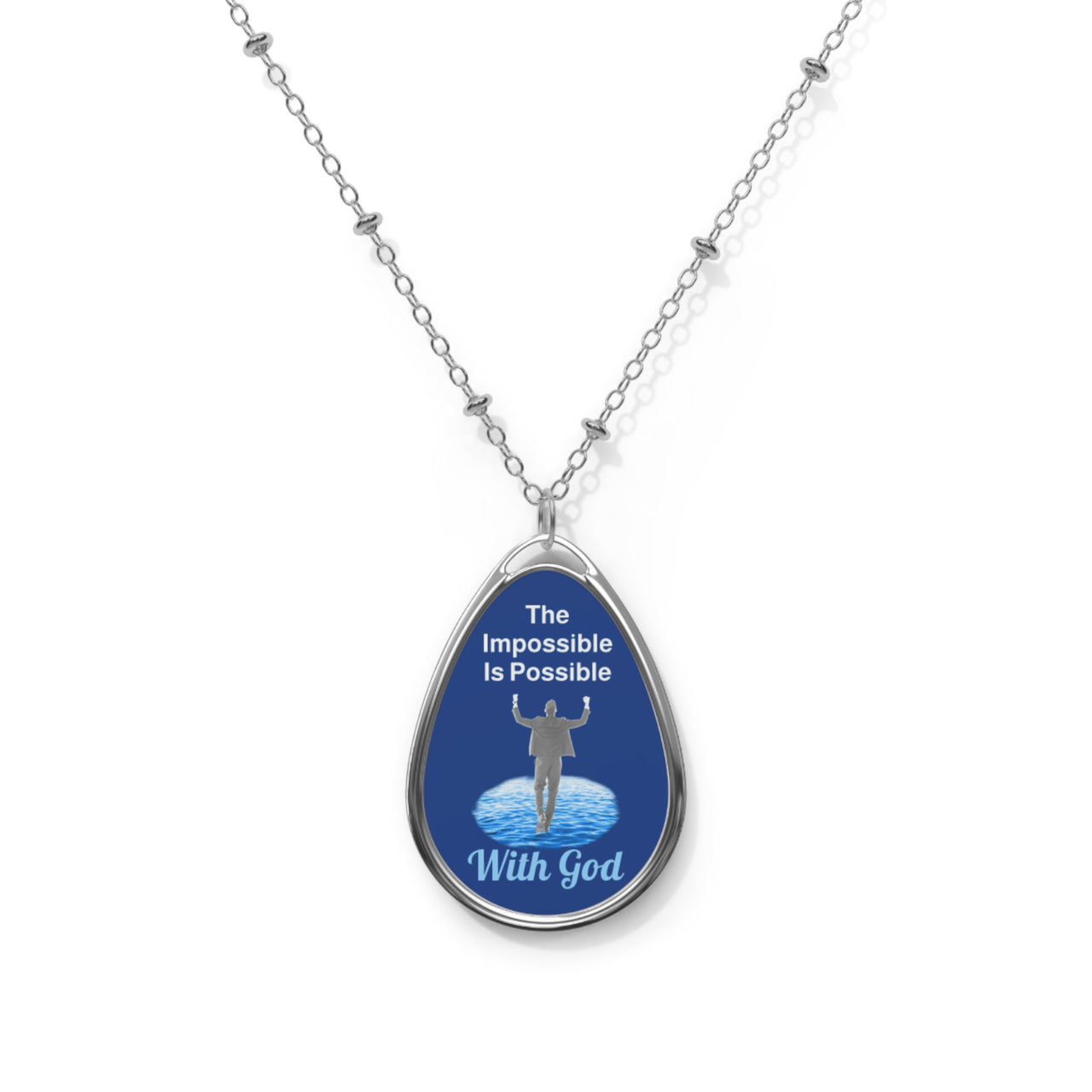 Inspirational oval pendant necklace with "Impossible Man" design, message “The Impossible Is Possible with God,” zinc alloy and white aluminum, spiritual jewelry for men walking in faith, dark blue pendant