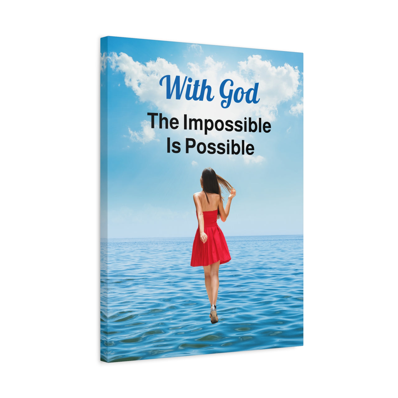 Canvas wall art with “Impossible Woman” design, woman walking on water with the message "With God, The Impossible Is Possible," pinewood frame, inspirational faith-based message, ready to hang, 18x24 canvas wall art