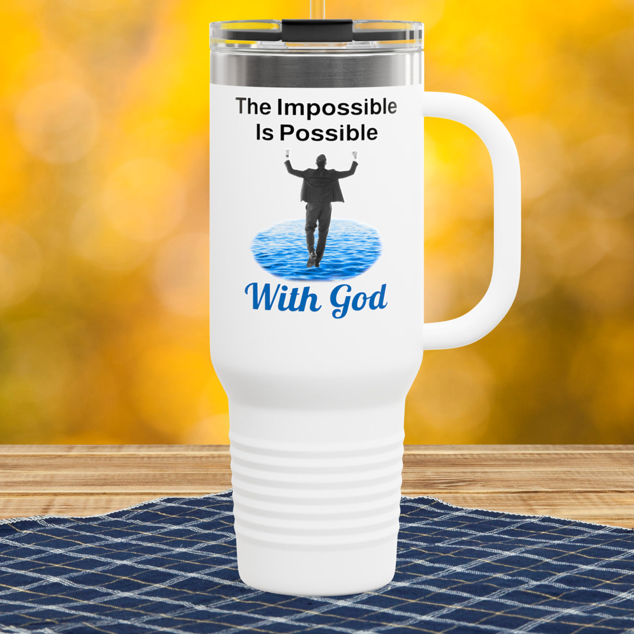 40oz inspirational travel mug with “Impossible Man” design message "The Impossible Is Possible with God," faith-based tumbler for men, stainless steel, leak-proof, double-wall insulated, white