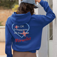 Gildan unisex zip-up hoodie with “Miracles Happen” design and uplifting message, Christian apparel made from soft cotton-poly fleece, ideal for cooler weather and faith-inspired comfort, woman wearing blue hoodie
