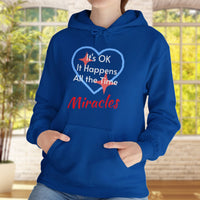 Gildan unisex hoodie with “Miracles Happen” design and uplifting message, Christian apparel made from soft cotton-poly blend, ideal for cooler weather and faith-inspired comfort, woman in blue hoodie
