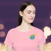 Women’s sport jersey with Anakainoo International logo, breathable moisture-wicking fabric with globe and butterfly design symbolizing spiritual transformation and renewal through intimacy with God, close-up of logo on pink sports jersey