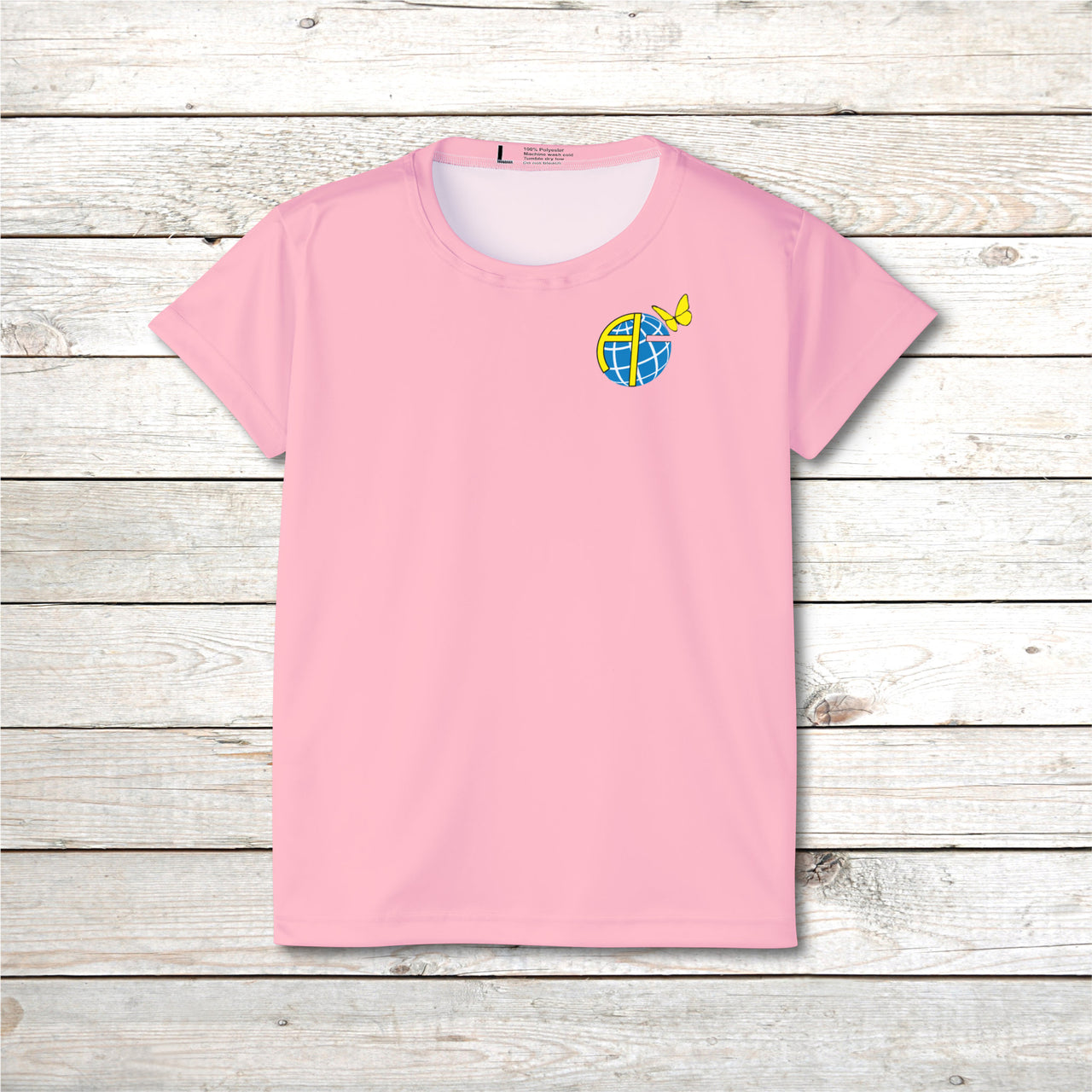 Women’s sport jersey with Anakainoo International logo, breathable moisture-wicking fabric with globe and butterfly design symbolizing spiritual transformation and renewal through intimacy with God, pink sports jersey