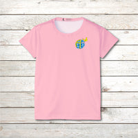 Women’s sport jersey with Anakainoo International logo, breathable moisture-wicking fabric with globe and butterfly design symbolizing spiritual transformation and renewal through intimacy with God, pink sports jersey