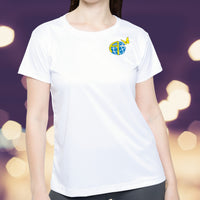 Women’s sport jersey with Anakainoo International logo, breathable moisture-wicking fabric with globe and butterfly design symbolizing spiritual transformation and renewal through intimacy with God, woman wearing white sports jersey