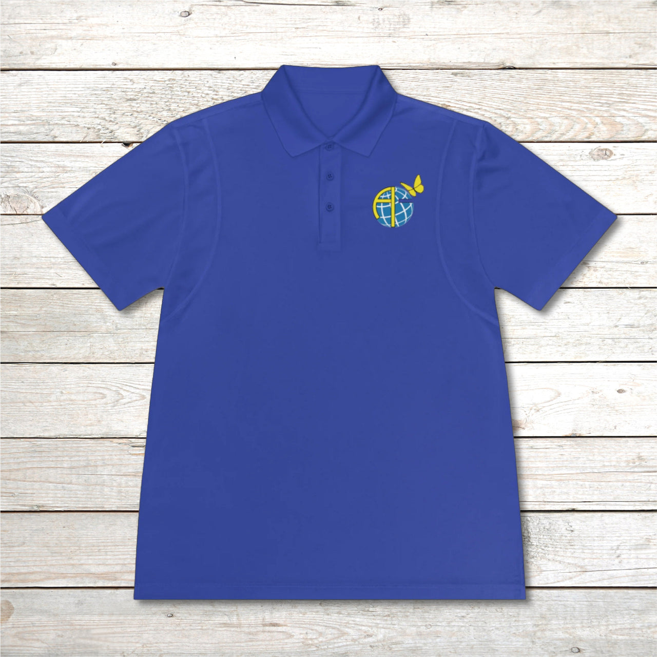 Men’s Sport-Tek polo shirt with Anakainoo International logo, moisture-wicking polyester with globe and butterfly design symbolizing spiritual renewal and transformation through intimacy with God, blue polo shirt