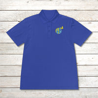 Men’s Sport-Tek polo shirt with Anakainoo International logo, moisture-wicking polyester with globe and butterfly design symbolizing spiritual renewal and transformation through intimacy with God, blue polo shirt