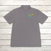 Men’s Sport-Tek polo shirt with Anakainoo International logo, moisture-wicking polyester with globe and butterfly design symbolizing spiritual renewal and transformation through intimacy with God, gray polo shirt