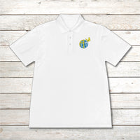 Men’s Sport-Tek polo shirt with Anakainoo International logo, moisture-wicking polyester with globe and butterfly design symbolizing spiritual renewal and transformation through intimacy with God, white polo shirt